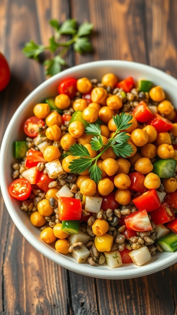A colorful crispy lentil salad with vegetables and roasted chickpeas in a bowl on a wooden table.